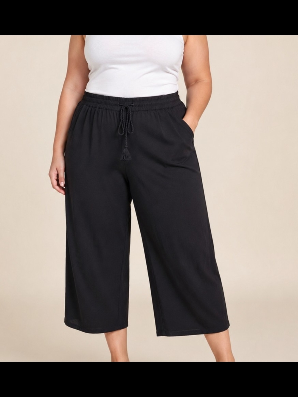 Helium London Black Wide Leg Cropped Pull-On Pants Women's 3X Tassel Drawstring
